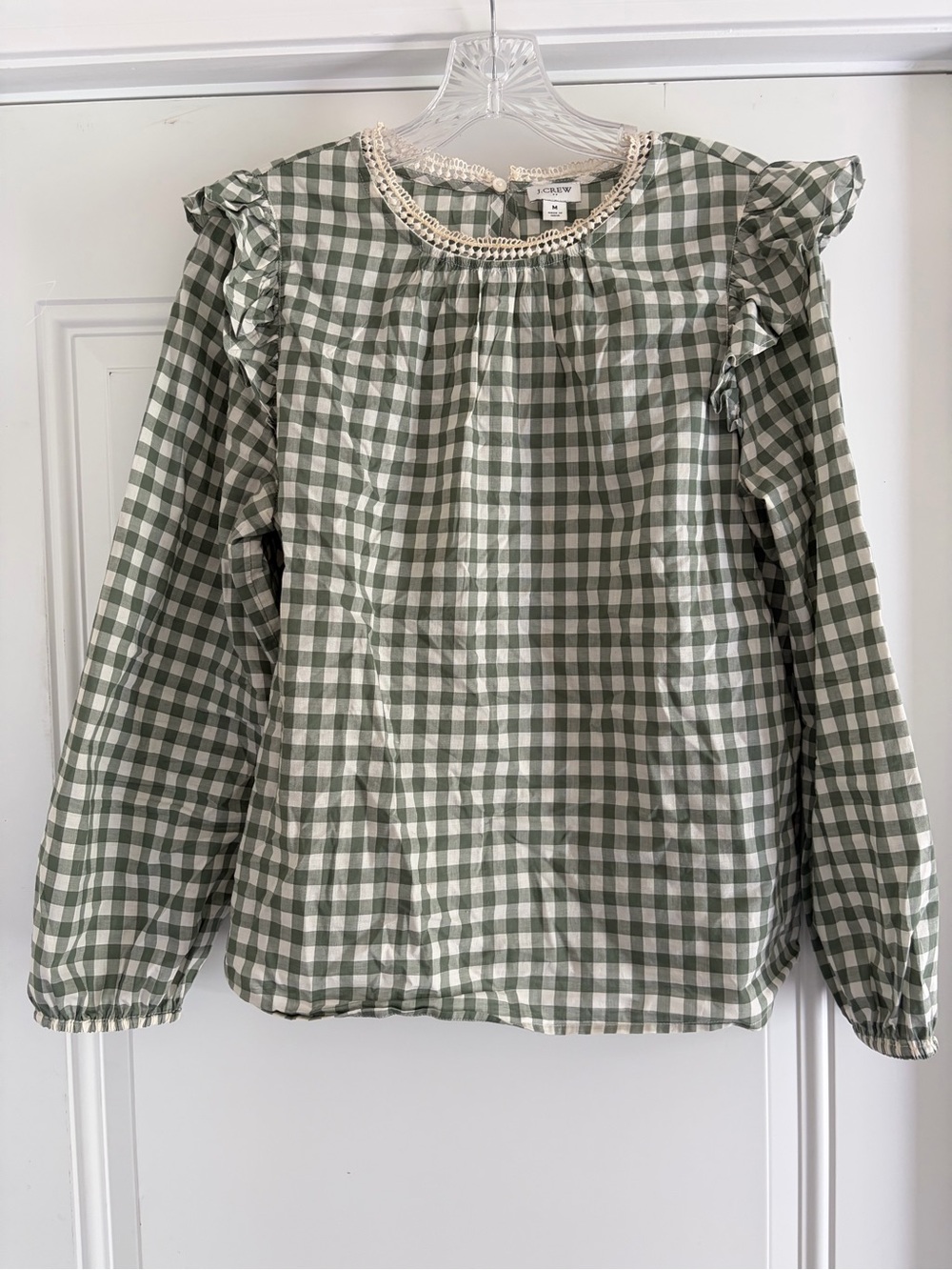 J. Crew Factory Green and White Gingham Ruffle-Shoulder Blouse